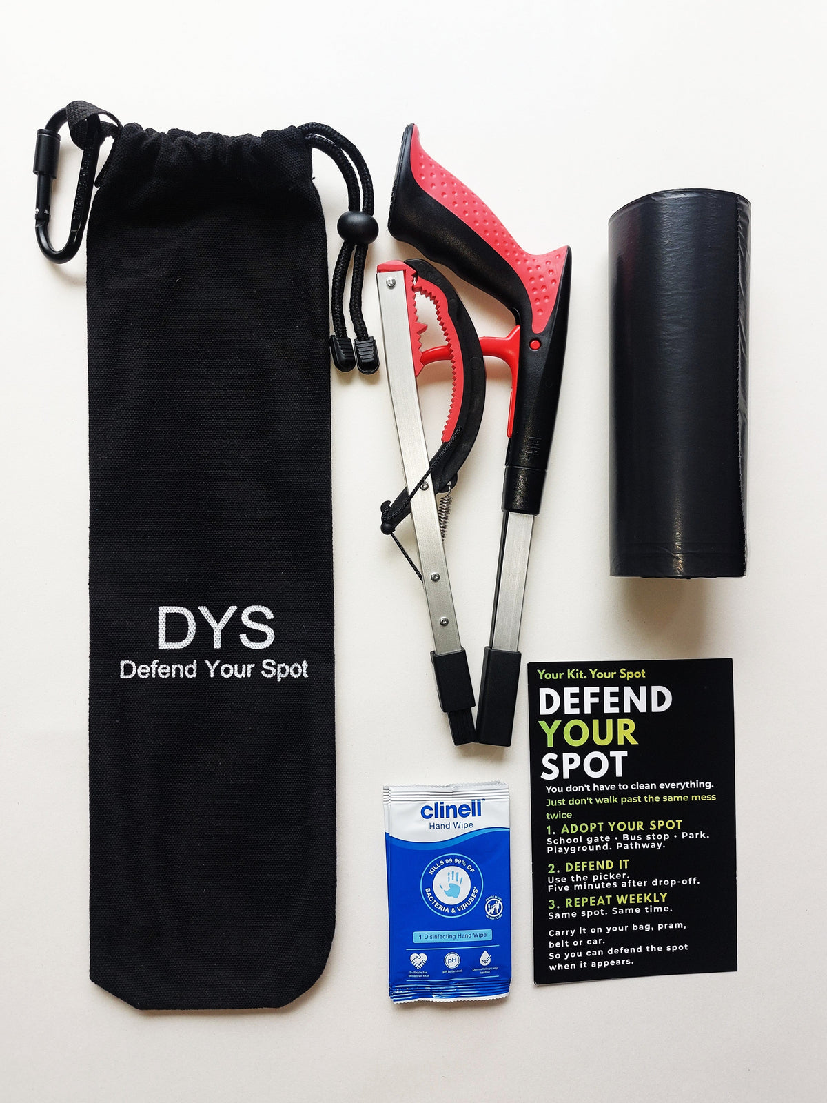 Spot Defender litter picker kit with folding litter picker, carry pouch, rubbish bags and wipes.